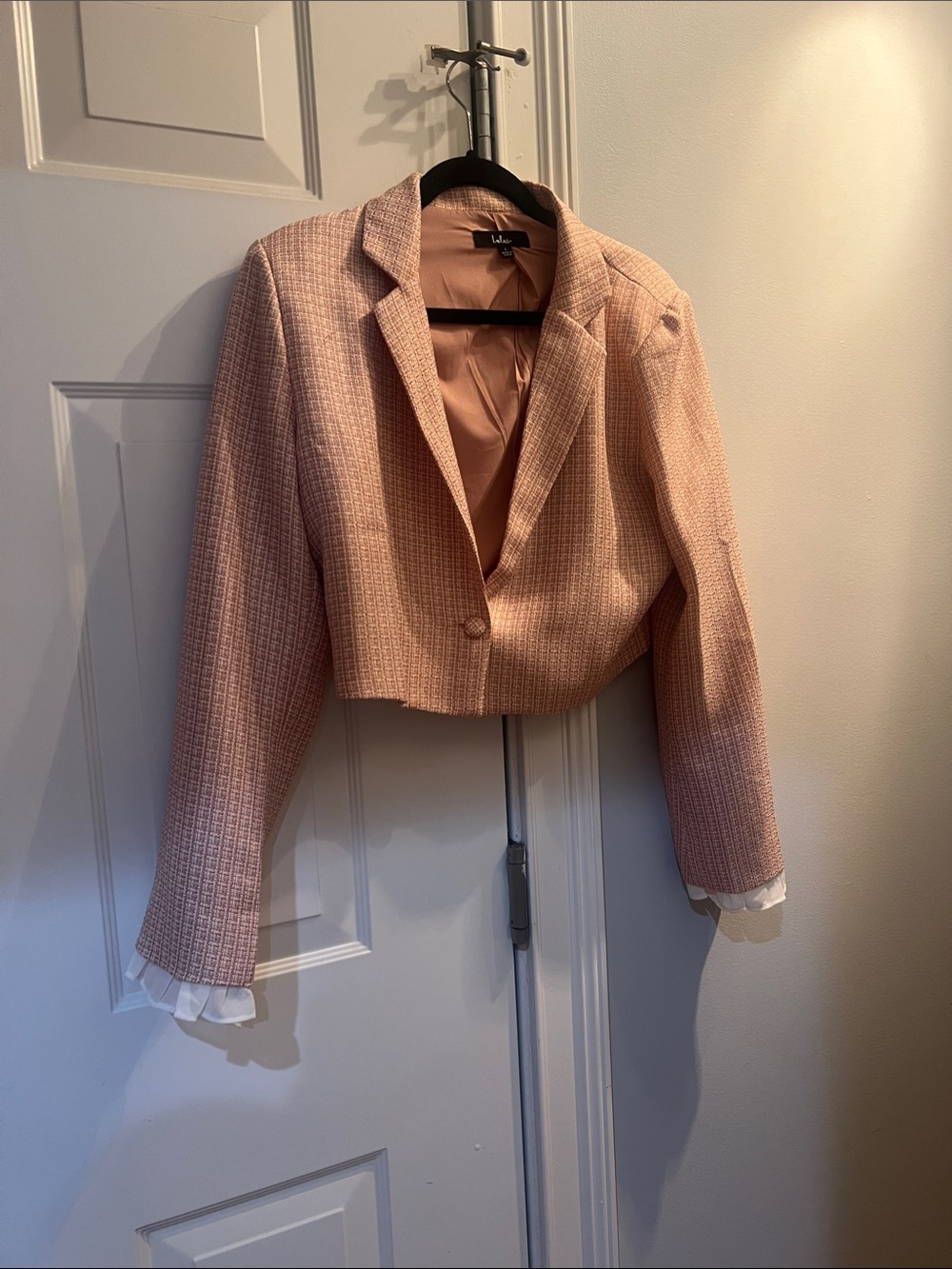 Lulu's Blush Pink Cropped Tweed Blazer